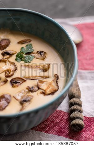 Creamy Mushroom Soup In Bowl On Stone Background. Homemade Mushrooms Pottage Puree.