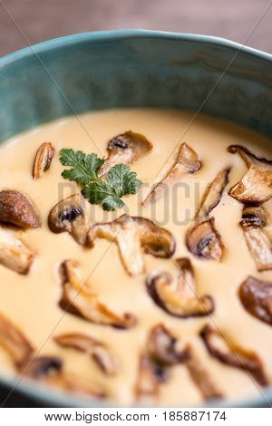 Creamy Mushroom Soup In Bowl On Stone Background. Homemade Mushrooms Pottage Puree.