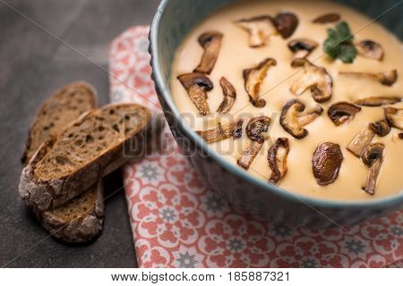 Creamy Mushroom Soup In Bowl On Stone Background. Homemade Mushrooms Pottage Puree.