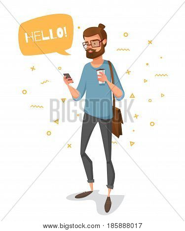 Happy Cartoon Man Looking At His Mobile