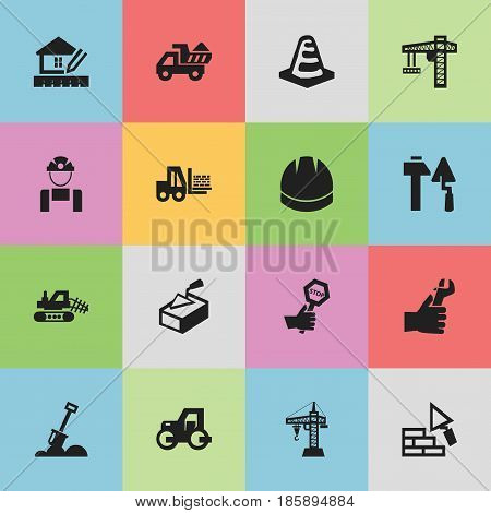 Set Of 16 Editable Construction Icons. Includes Symbols Such As Construction Tools, Notice Object, Caterpillar And More. Can Be Used For Web, Mobile, UI And Infographic Design.
