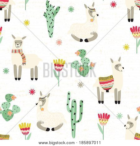 Seamless pattern with alpaca - south america's lama and cactus on a textured background. Vector illustration.