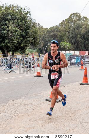 Nahariyya Israel - May 06 2017 : Participant of the annual triathlon starts in the race in Ahziv near the town of Nahariya