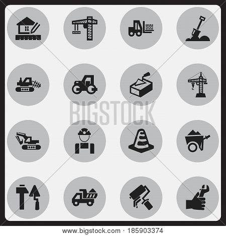 Set Of 16 Editable Building Icons. Includes Symbols Such As Employee, Notice Object, Lifting Equipment And More. Can Be Used For Web, Mobile, UI And Infographic Design.