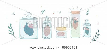 Collection of men's hearts in glass jars. The former relationship. Sad relationship Casanova. Illustration can be used in magazines, print on a T-shirt, cover.