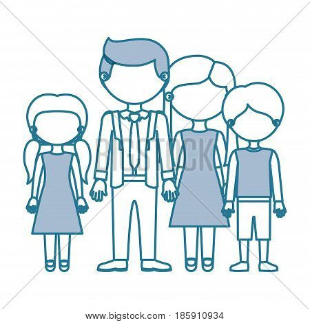 blue contour with color sections faceless family group in elegant clothing and taken hands vector illustration