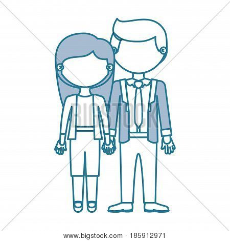 blue contour with color sections faceless couple woman with long hair with man in formal style and taken hands vector illustration