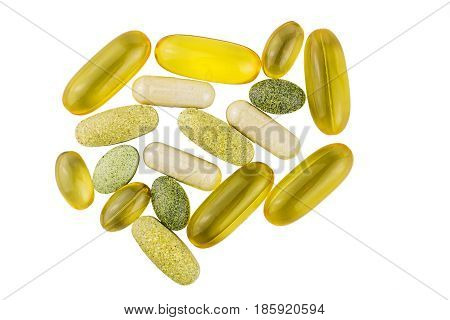 Vitamin complex omega 3 glucosamine capsules multivitamin supplements isolated on white background top view.