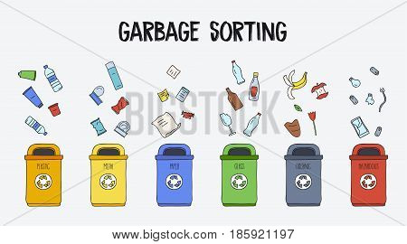 Garbage sorting concept. Trash cans with different types of garbage. Colorful hand drawn doodle illustration