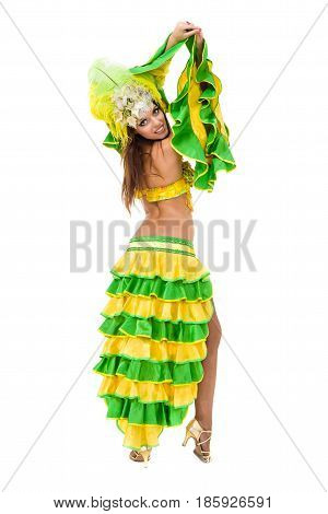 one caucasian woman samba dancer dancing isolated on white background in full length