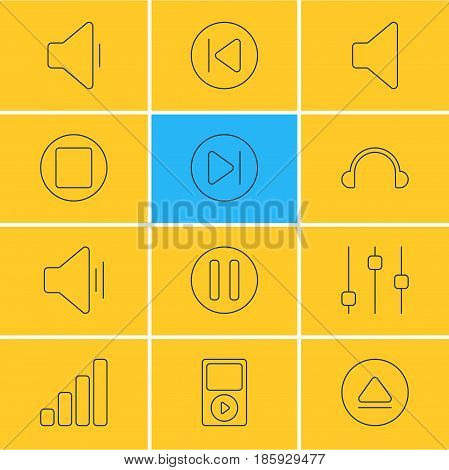 Vector Illustration Of 12 Music Icons. Editable Pack Of Mp3, Subsequent, Pause And Other Elements.