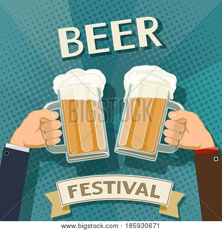 Two man holds in his hands a mugs of beer. Festival of craft brewing. Stock vector retro illustration.