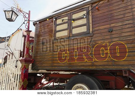 Circus wooden vintage caravan with painted spanish circo lettering