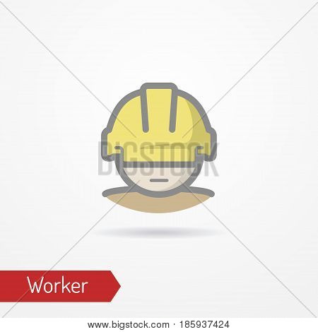Typical simplistic worker face in professional helmet. Warehouse worker or builder head isolated icon in flat style with shadow. Profession and industrial vector stock image.