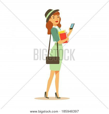 Beatuful student girl in fashionable clothes standing and holding smartphone and books in her hands. Student lifestyle colorful character vector Illustration isolated on a white background