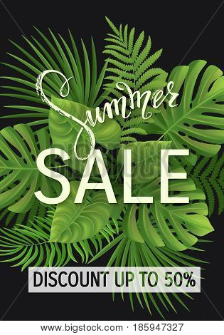 Summer lettering. Tropical palm leaves background. Vector illustration EPS10.