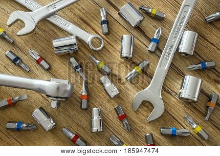 Tool set on wooden table, do it yourself