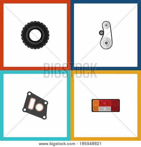 Flat Auto Set Of Headlight, Gasket, Wheel And Other Vector Objects. Also Includes Tire, Drive, Cambelt Elements.