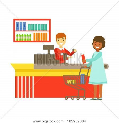Cashier serving buyer at the cash register in supermarket. Shopping in grocery store, supermarket or retail shop. Colorful character vector Illustration isolated on a white background
