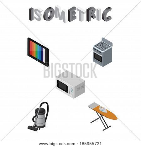 Isometric Technology Set Of Cloth Iron, Microwave, Vac And Other Vector Objects. Also Includes Vac, Board, Ironing Elements.