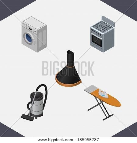 Isometric Electronics Set Of Air Extractor, Laundry, Stove And Other Vector Objects. Also Includes Vac, Cooker, Ironing Elements.