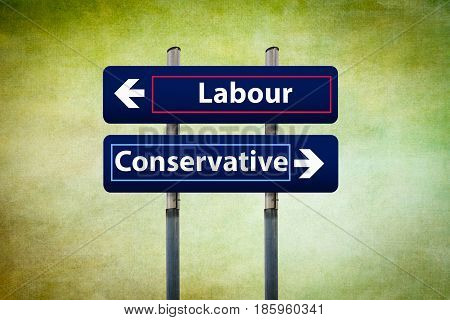 concept of two road signs representing labour and conservative parties in uk early elections in june