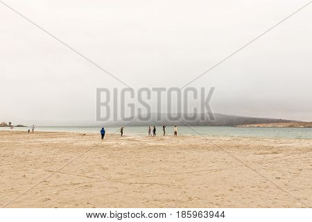 LANGEBAAN SOUTH AFRICA - MARCH 31 2017: Unidentified people in misty conditions on a beach at Langebaan on the Atlantic Coast of the Western Cape Province