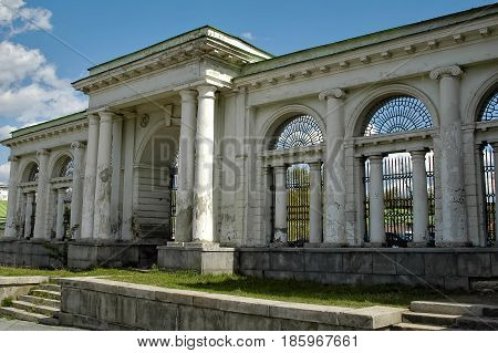 Ekaterinburg, Russia - May 18, 2006: Gate of City palace of children and youth creativity Endowments and technologies . Kharitonov-Rastorguyev' estate of the beginning of the 19th century
