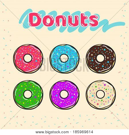 Colorful set of glazed donuts with caramel and sweets. Donuts vector set isolated on a beige background in a modern flat style. Vector illustration