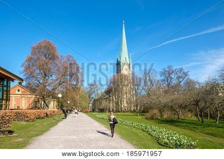 LINKOPING, SWEDEN - MAY 2, 2017: Linkoping cathedral on  a sunny spring day. The cathedral is about 800 years old.