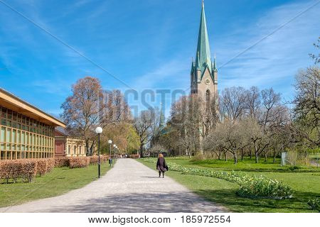 LINKOPING, SWEDEN - MAY 3, 2017: Linkoping cathedral on  a sunny spring day. The cathedral is about 800 years old.