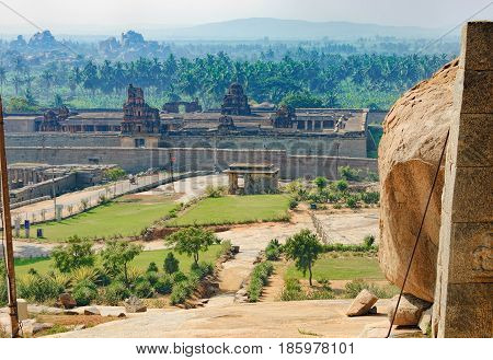 View of Sri Krishna Temple from Hemakuta Hill, the ancient temple in Hampi, Karnataka, India. Ruins of Hampi, a UNESCO World Heritage Site