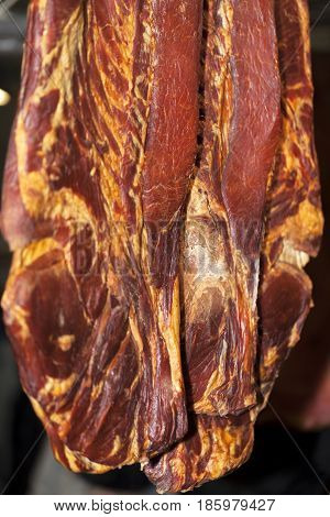 Hhome-made Smoked Bacon Hanging On The Shelves