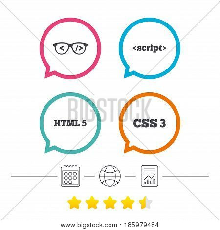 Programmer coder glasses icon. HTML5 markup language and CSS3 cascading style sheets sign symbols. Calendar, internet globe and report linear icons. Star vote ranking. Vector