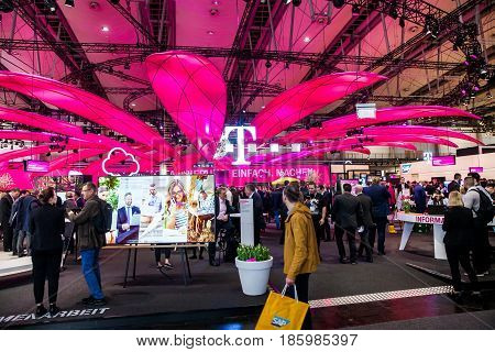 Hannover, Germany - March, 2017: Deutsche Telekom company on exhibition Cebit 2017 in Hannover Messe, Germany