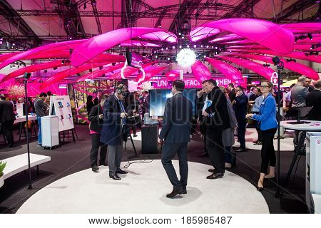 Hannover, Germany - March, 2017: Deutsche Telekom company on exhibition Cebit 2017 in Hannover Messe, Germany