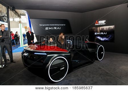 Hannover, Germany - March, 2017: Assisted driving concept car by Mitsubishi on exhibition Cebit 2017 in Hannover Messe, Germany. System which creates precise 3D street maps for safe autonomous driving