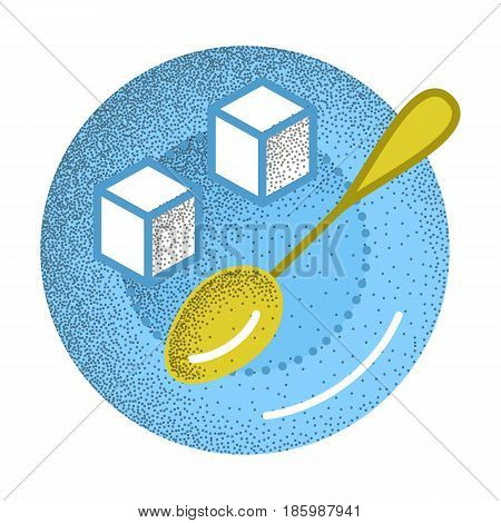 Tea icon retro texture. Refined sugar cubes and spoon on plate. Ingredient for sweet tea or coffee. Vector vintage icon. Illustration isolated on white background.