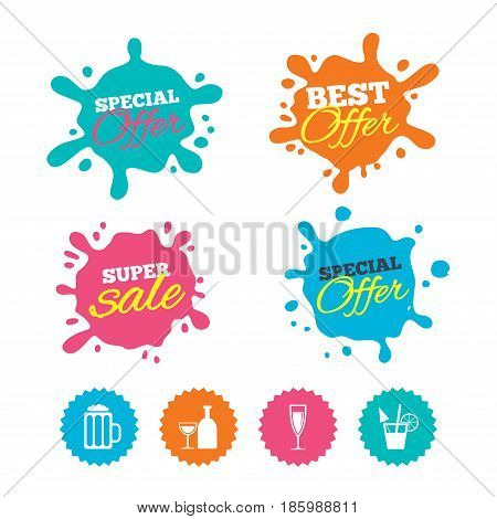Best offer and sale splash banners. Alcoholic drinks icons. Champagne sparkling wine and beer symbols. Wine glass and cocktail signs. Web shopping labels. Vector