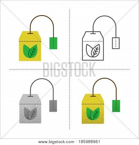 Set of tea bag vector illustration in different styles retro, flat, thin line, black and white with vintage texture. Teabag with healthy herbal, ceylon, chinese green tea. Icons isolated on white