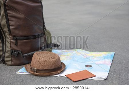 Travel Backpack Accessories Essentials Preparation, Flat Lay, Mock Up.
Idea For Tourism With Passpor