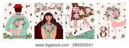 International Womens Day. Spring Holiday Happy Womens Day 8 March. Set Of Cute Greeting Card, Poster