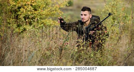 Hunting And Trapping Seasons. Bearded Serious Hunter Spend Leisure Hunting. Man Wear Camouflage Clot