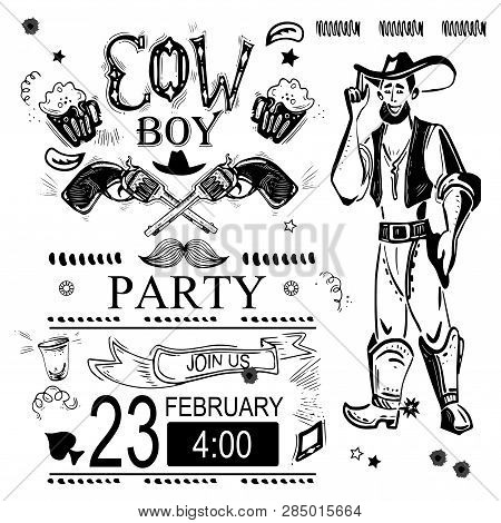 Cowboy Party Poster Or Invitation. Cowboy Gun With Text. Vector Illustration Eps10