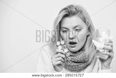 Breaking Fever Concept. Headache And Fever Remedies. Woman Sick Person Hold Glass Water And Tablets 