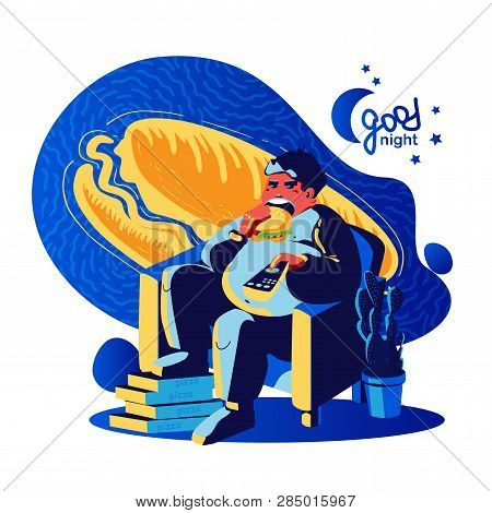 Man Eating At Night Fast Food, Good Night, Eps10