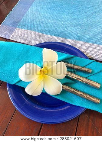 Food Decoration With White Plumeria Rubra Flower,  Sri Lanka. Blue Food Decoration.