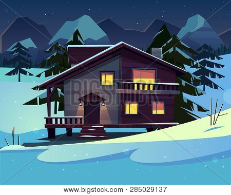 Vector Cartoon Background With A Luxury Hotel In Snowy Mountains At Night. Wooden Living Apartment, 