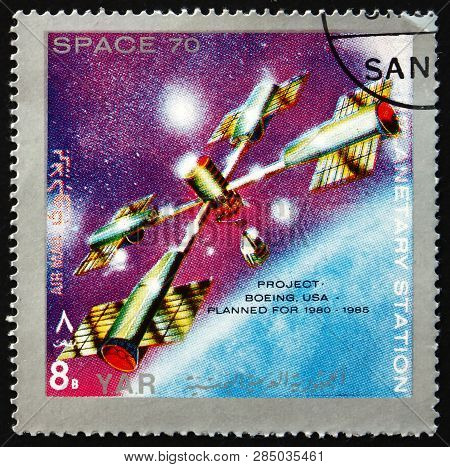 Yemen - Circa 1970: A Stamp Printed In Yemen Arab Republic Shows Interplanetary Station, Project Boe