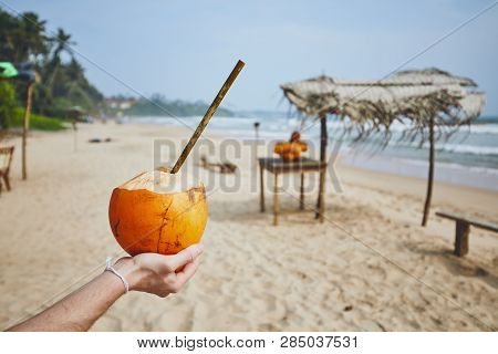 Hand Of Young Man Holding Coconut With Bamboo Straw. Refreshment On The Beach. Matara, Sri Lanka